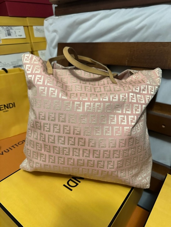 Fendi Handbags - Fendi Pink Jacquard FF Logo Tote with Tan Leather Handles